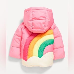 OLD NAVY Rainbow Graphic Infant/Baby Pink Hooded Puffer Jacket